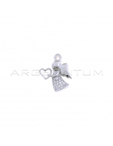 Angel pendant with pierced heart, white zircon pave dress and white gold plated counter-link in 925 silver
