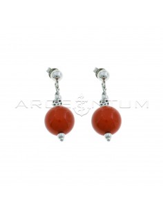 Pendant earrings with ball attachment, sphere in coral paste, hammered nugget and shiny white gold plated spheres in 925 silver