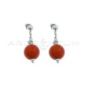 Pendant earrings with ball attachment, sphere in coral paste, hammered nugget and shiny white gold plated spheres in 925 silver