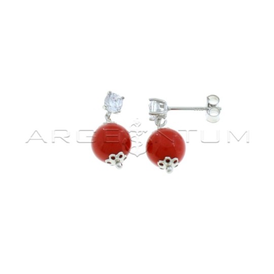 Pendant earrings with white light point attachment and pendant sphere in coral paste, white gold plated in 925 silver