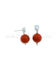 Pendant earrings with white point of light attachment, pendant sphere in coral paste and shiny sphere plated with white gold in 925 silver