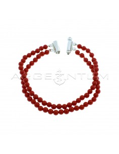 2-wire coral paste ball bracelet with white gold-plated bayonet clasp in 925 silver