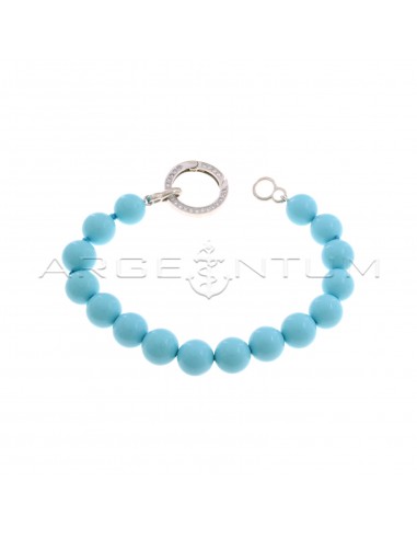 Ball bracelet in turquoise paste ø 10 mm with smart clasp, round white zirconia plated white gold in 925 silver