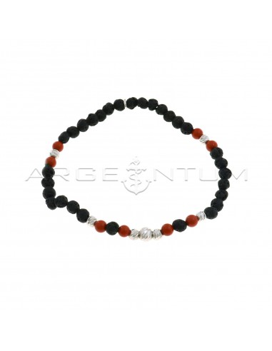 Elastic bracelet with volcanic stone spheres, coral paste spheres and white gold plated cross diamond spheres in 925 silver