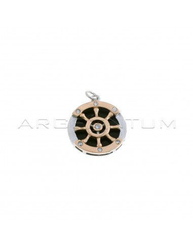 Rose gold plated rudder pendant with round white zircon details on black onyx base white gold plated in 925 silver