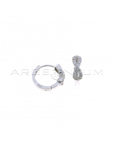 Square barrel hoop earrings with white zircon infinity and white gold plated snap clasp in 925 silver