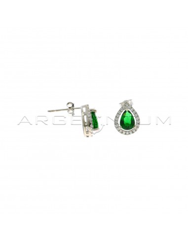 Lobe earrings with central green teardrop zircon in the shape of white zircons plated white gold in 925 silver