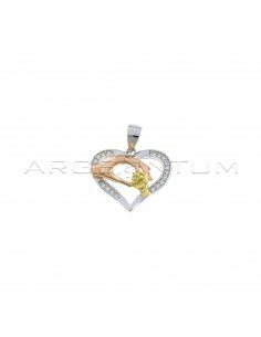 Semi-zircon white gold plated heart pendant with rose and yellow gold plated hands in 925 silver