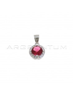 Round red zircon pendant in a white gold plated white zircon frame in 925 silver