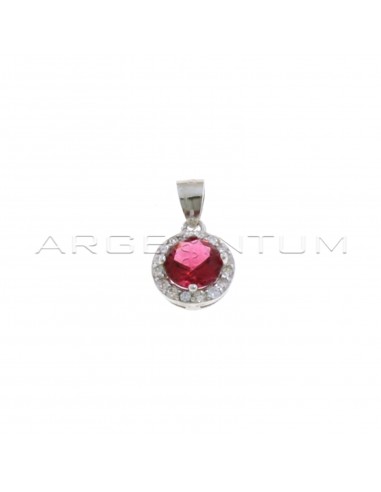 Round red zircon pendant in a white gold plated white zircon frame in 925 silver