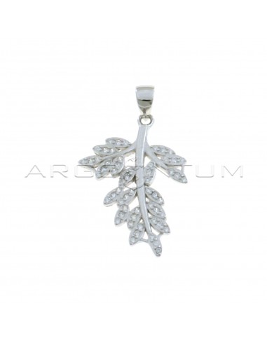White zircon leaf pendant with white gold plated shiny stem in 925 silver