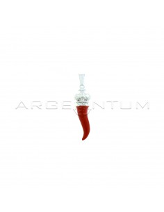 Horn pendant with red enamel crown 14x32 mm in 925 silver