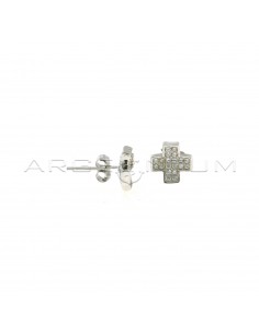 Concave cross lobe earrings in white gold-plated white zircons pave in 925 silver