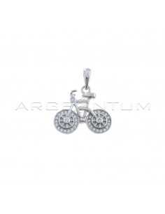 Perforated bicycle pendant with white and engraved semizirconate wheels and white gold plated light point in 925 silver