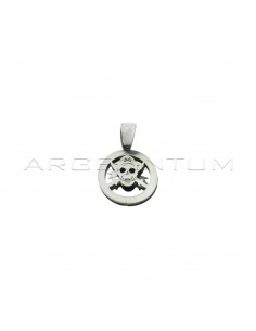 Double slab pirate skull pendant in round perforated engraved and satin finish in 925 silver