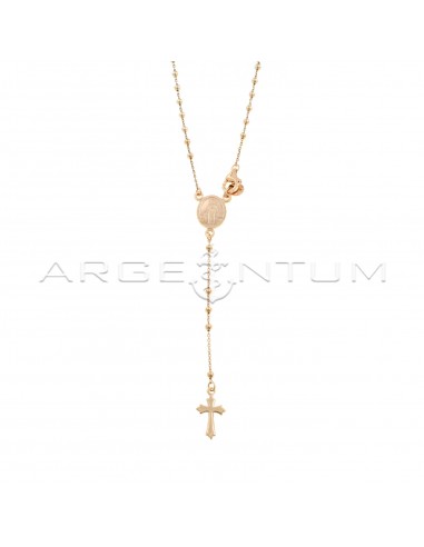 Rose gold plated Y rosary necklace with 2.5 mm smooth sphere and coupled and shaped cross in 925 silver