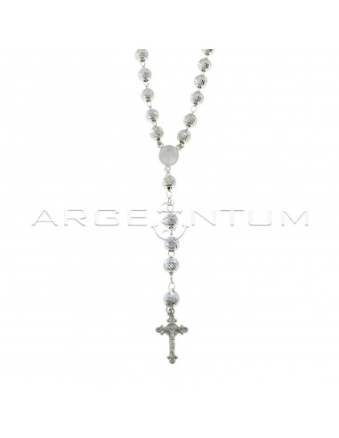 Collana rosario a Y placcato oro bianco con sfera diamantata trasversale da 8 mm e croce accoppiata e sagomata in argento 925