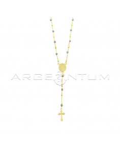Yellow gold plated Y-shaped rosary necklace with faceted hematite spheres and 3.5 mm square nuggets and paired and shaped cross in 925 silver