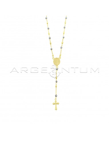 Yellow gold plated Y-shaped rosary necklace with faceted hematite spheres and 3.5 mm square nuggets and paired and shaped cross in 925 silver