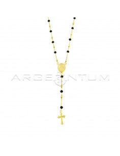 Yellow gold plated Y rosary necklace with black swarovski and 3.5 mm square nuggets and coupled and shaped cross in 925 silver