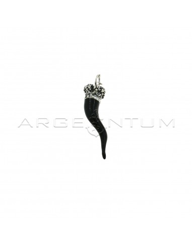 Black enameled horn pendant 15x50 mm with pierced crown in 925 burnished cast silver