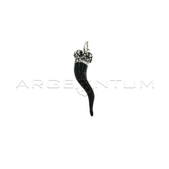 Ciondolo corno smaltato nero 15x50 mm con corona traforata in argento microfuso brunito 925