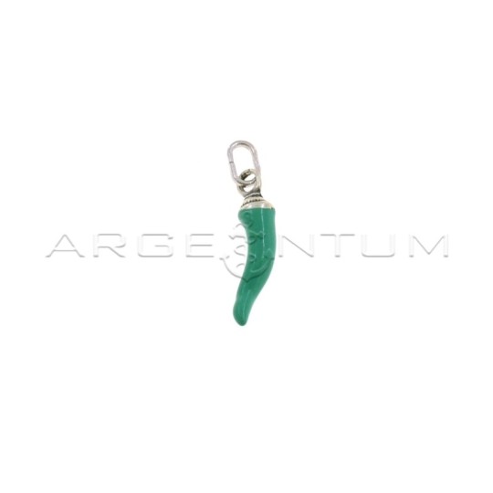 Ciondolo corno smaltato verde 5x18 mm con corona in argento microfuso brunito 925