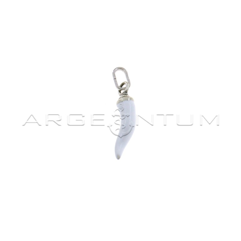 White enameled horn pendant 5x18 mm with crown in 925 burnished cast silver