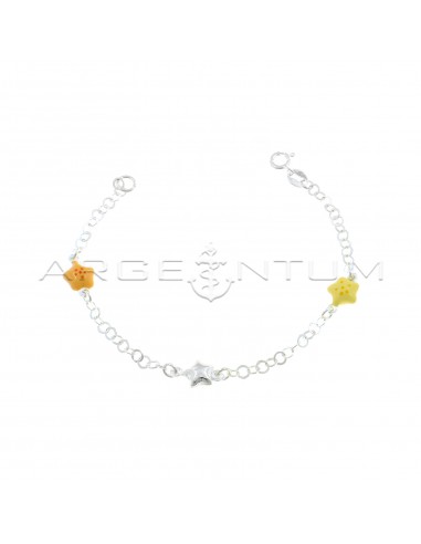 Bracciale maglia giotto piatta con stella centrale accoppiata e stelle laterali accoppiate smaltate giallo e arancione in argento 925