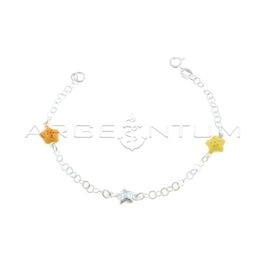 Giotto flat mesh bracelet with central paired star and paired yellow and orange enamelled side stars in 925 silver