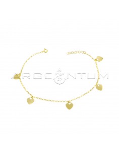 Anklet with diamond-cut rolò mesh with pendant hearts in yellow gold plated 925 silver
