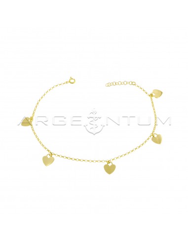Anklet with diamond-cut rolò mesh with pendant hearts in yellow gold plated 925 silver