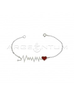 Diamond-coated rolò mesh bracelet with central electrocardiogram plate written "Mom" and red enameled heart white gold plated in 925 silver