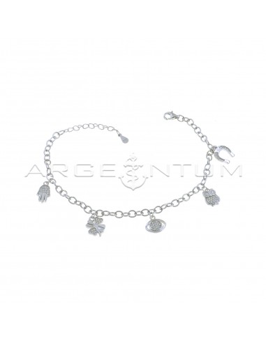 Oval rolò mesh bracelet with superstitious subjects pendants white semizirconia white gold plated 925 silver