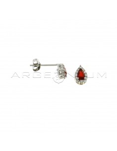 Lobe earrings with central red teardrop zircon in a frame of white gold plated white zircons in 925 silver