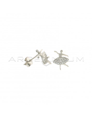 White gold plated engraved plate ballerina lobe earrings with white half zirconia in 925 silver