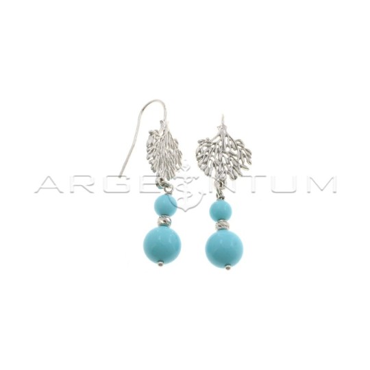 Pendant earrings with hook attachment, precision cast branch, turquoise paste spheres and white gold plated cross diamond sphere