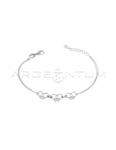 Double forced link bracelet with central bows silhouettes, white gold plated in 925 silver