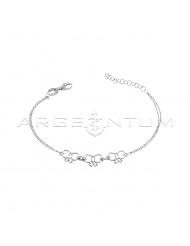 Double forced link bracelet with central bows silhouettes, white gold plated in 925 silver