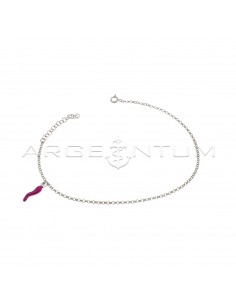 White gold-plated anklet with diamond-tipped rolò link with side pendant horn in fuchsia enamel in 925 silver