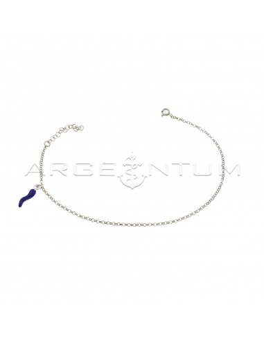White gold-plated anklet with diamond-cut rolò link with purple enameled side pendant horn in 925 silver