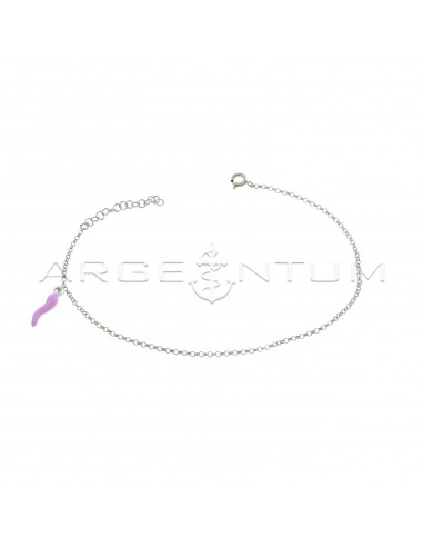 White gold-plated anklet with diamond-tipped rolò link with pink enamel side pendant horn in 925 silver