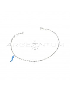 White gold-plated anklet with diamond-tipped rolo link and blue enamelled side pendant in 925 silver