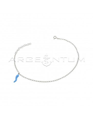 White gold-plated anklet with diamond-tipped rolo link and blue enamelled side pendant in 925 silver