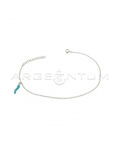 White gold-plated anklet with diamond-cut rolò link with aqua green enamel side pendant in 925 silver