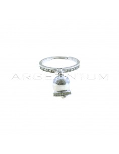 Anello regolabile semizirconato bianco con campanella pendente con bordo zirconato bianco placcato oro bianco in argento 925
