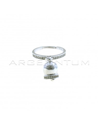 Anello regolabile semizirconato bianco con campanella pendente con bordo zirconato bianco placcato oro bianco in argento 925