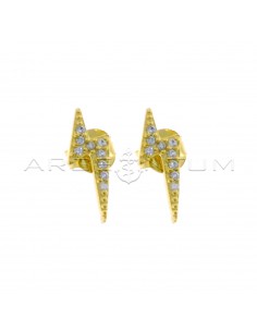 Lightning bolt earrings with white zircons pave yellow gold plated in 925 silver