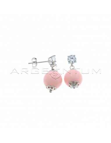 Pendant earrings with white light point attachment and pendant sphere in pink coral paste, white gold plated in 925 silver