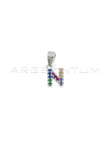 White gold plated multicolor zircon letter N pendant in 925 silver